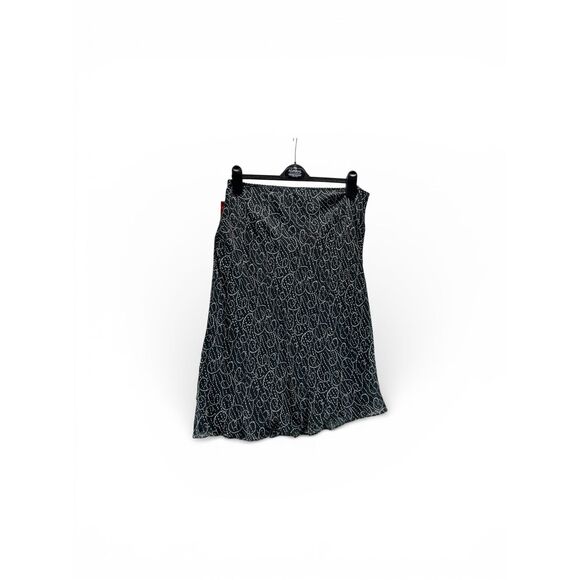New 100% Silk Swirl Print Skirt XL Black White Bias Cut Y2K Minimal Office Siren - Picture 2 of 9